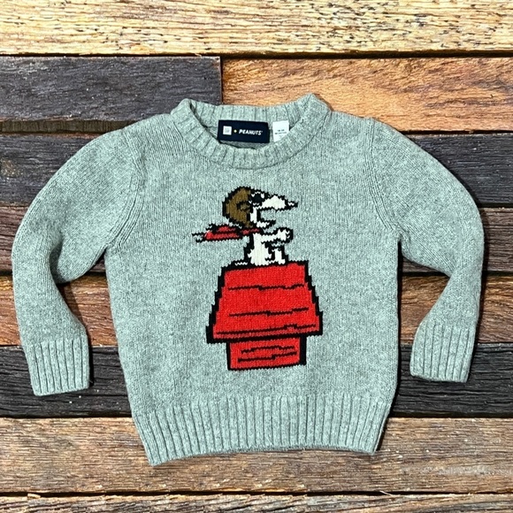 Gap Peanuts Snoopy Gray Stitched Cartoon Long Sleeve Sweater Infant Toddler - Picture 1 of 4